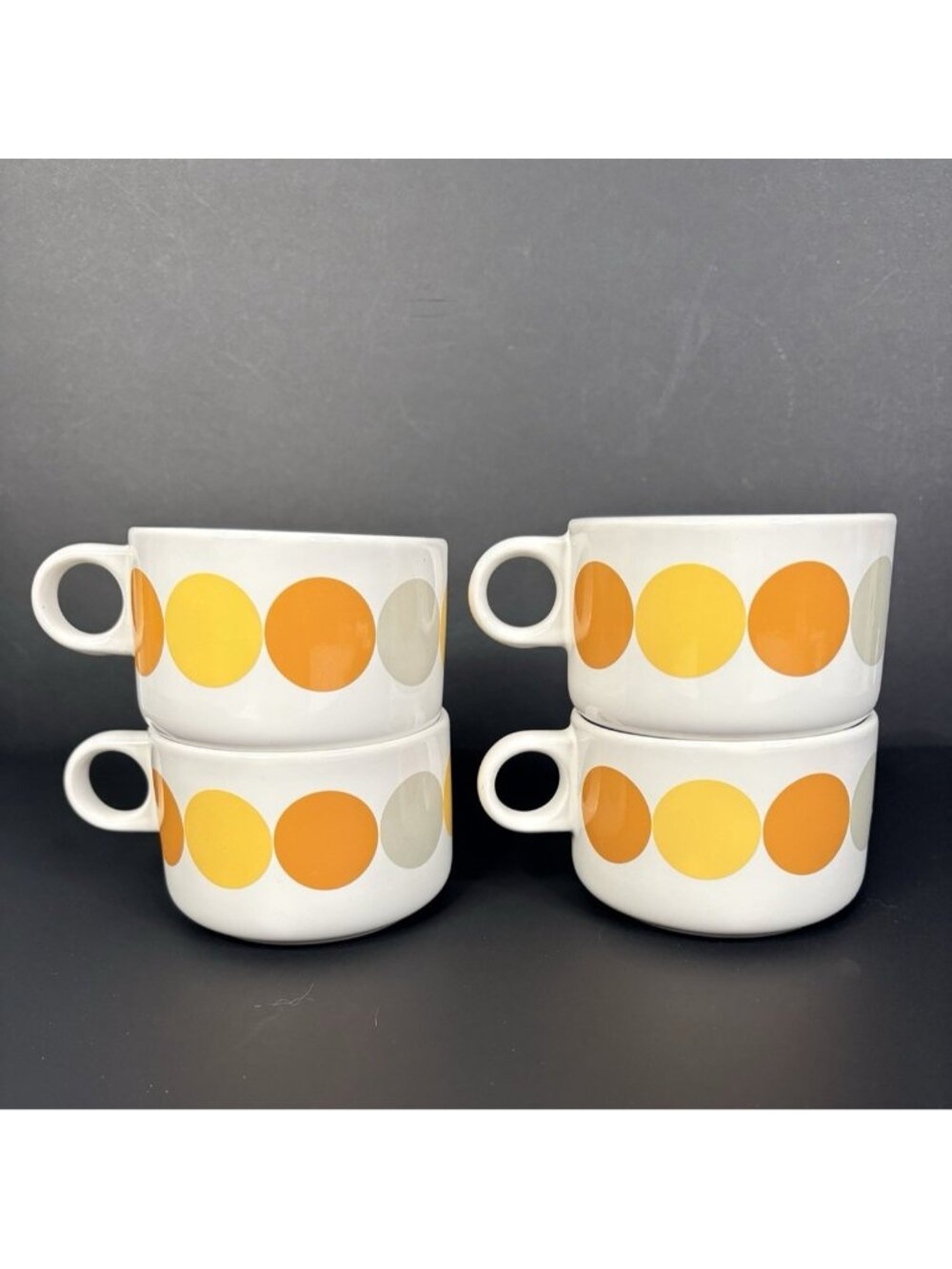 Set of 4 IKEA BROGGAN Coffee Tea Cups Mugs Dot Retro Yellow Orange Stoneware